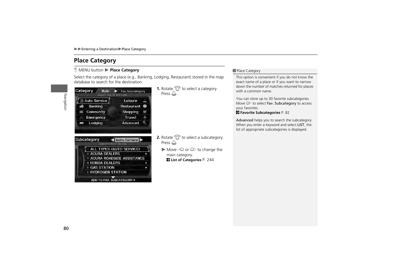 2 place category, P. 80, Place category | Acura 2013 ZDX Navigation User Manual | Page 82 / 251