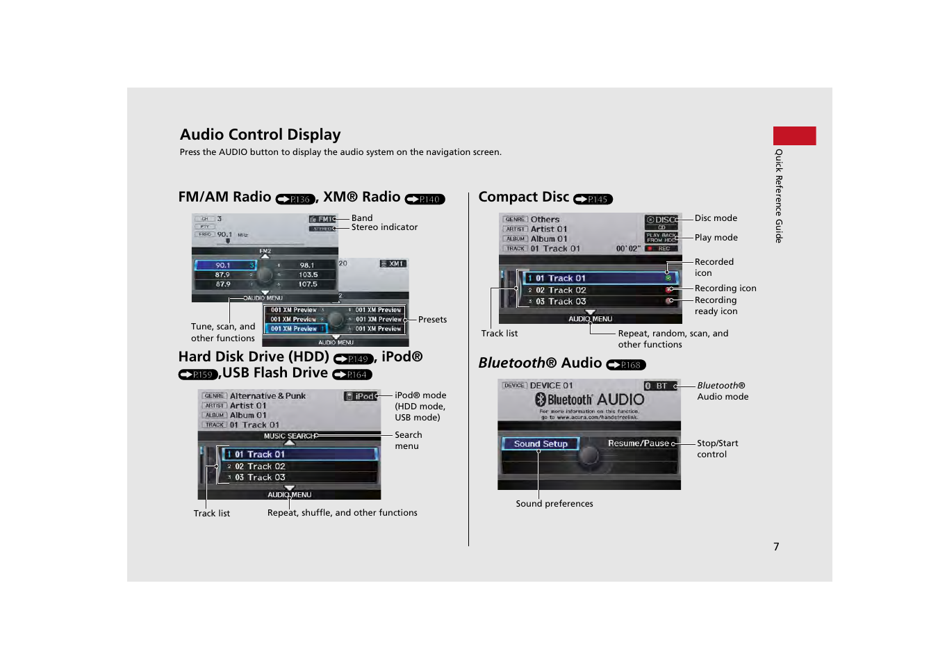 Audio control display, Fm/am ra dio, Xm® radio | Hard disk drive (hdd), Ipod, Usb flash drive, Compact disc, Bluetooth ® audio | Acura 2013 ZDX Navigation User Manual | Page 9 / 251