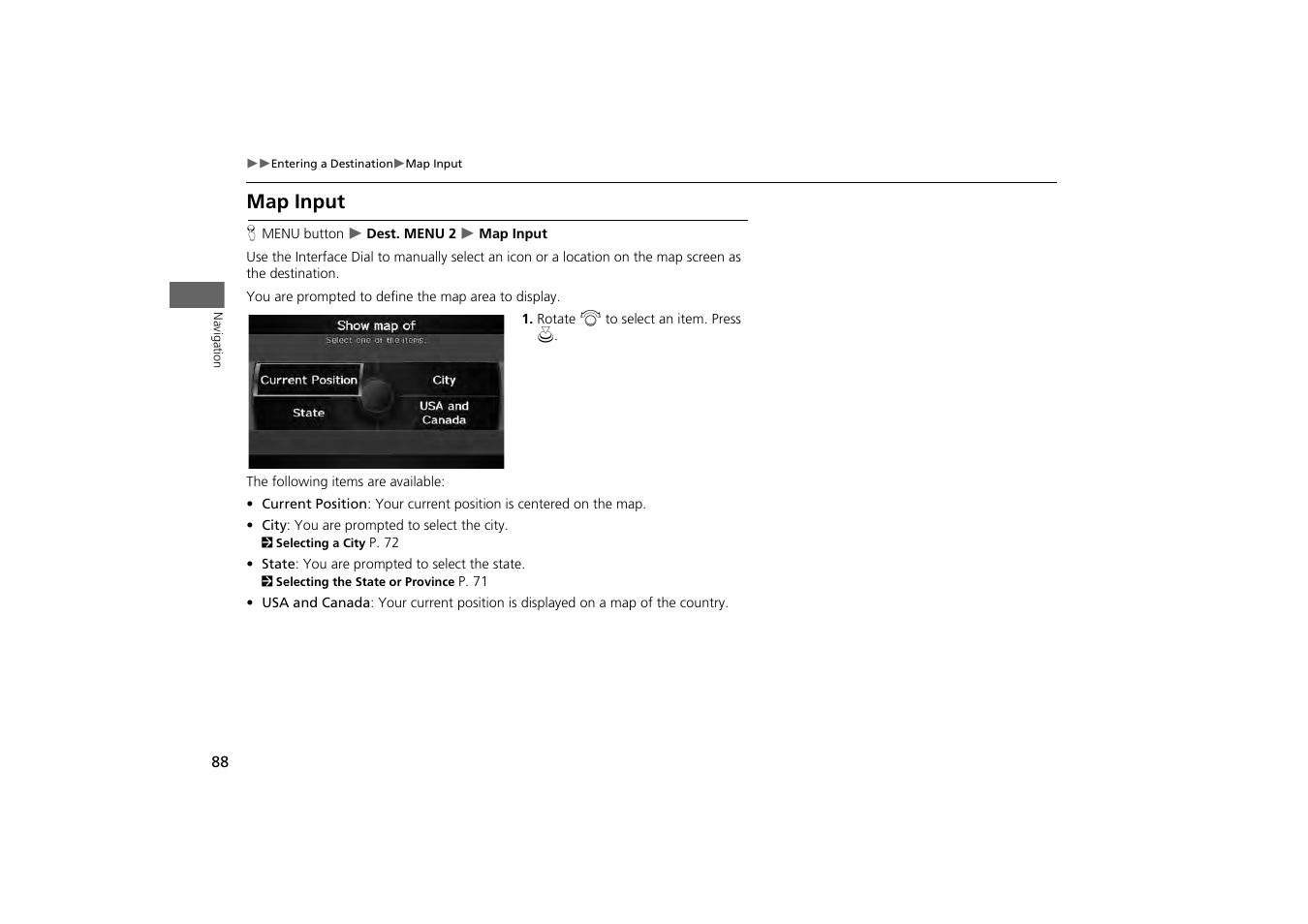 2 map input, P. 88, Map input | Acura 2013 ZDX Navigation User Manual | Page 90 / 251