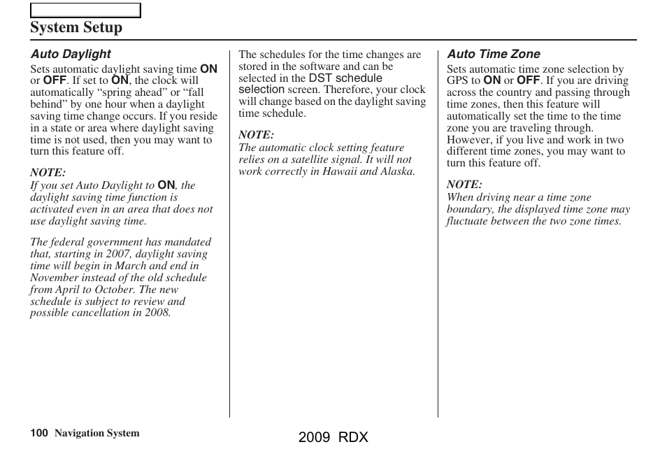 System setup, 2009 rdx | Acura 2009 RDX Navigation User Manual | Page 100 / 163