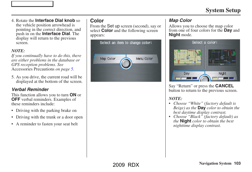 System setup, 2009 rdx | Acura 2009 RDX Navigation User Manual | Page 103 / 163