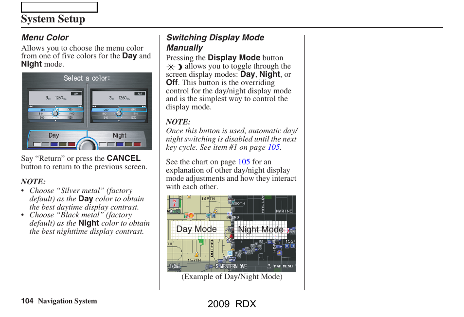 System setup, 2009 rdx | Acura 2009 RDX Navigation User Manual | Page 104 / 163