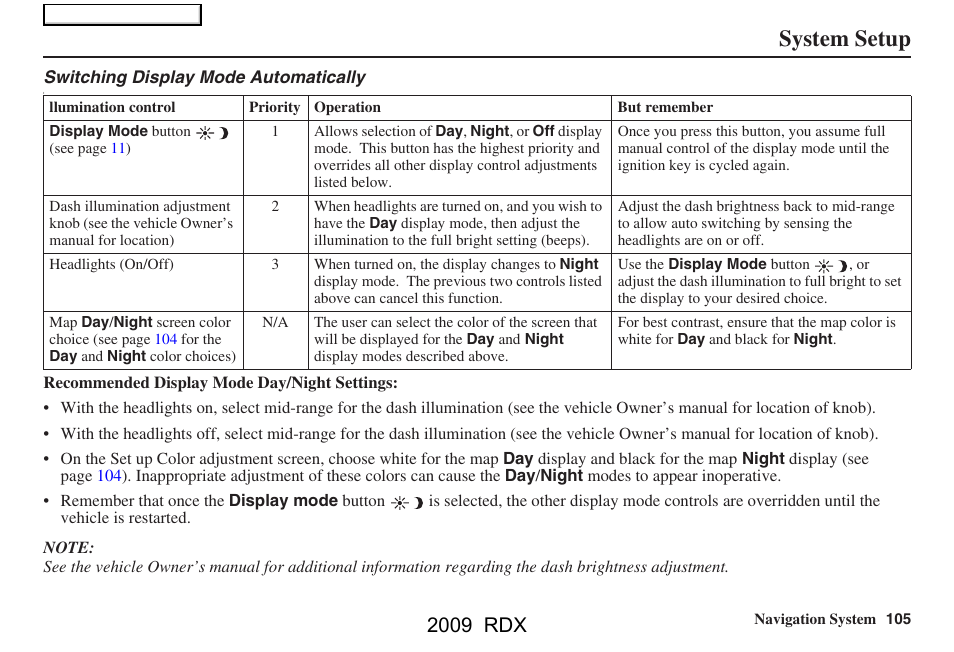 System setup, 2009 rdx | Acura 2009 RDX Navigation User Manual | Page 105 / 163