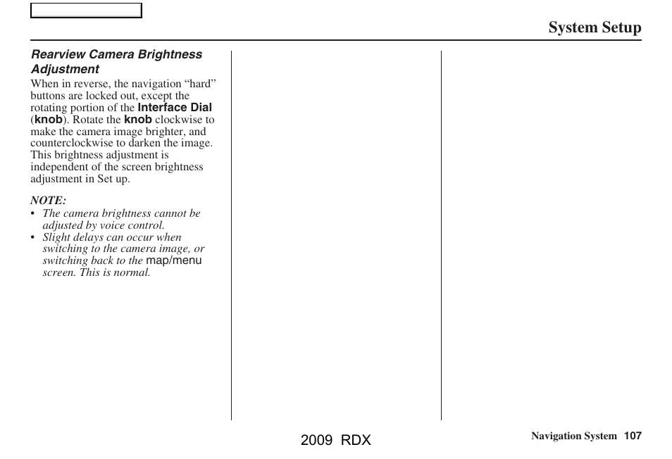 System setup, 2009 rdx | Acura 2009 RDX Navigation User Manual | Page 107 / 163