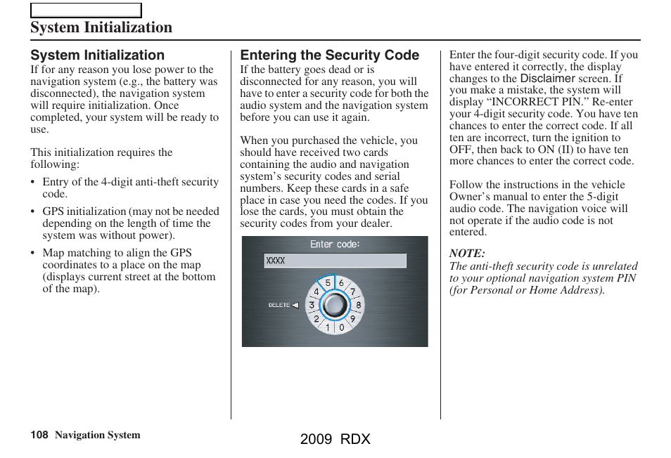 System initialization | Acura 2009 RDX Navigation User Manual | Page 108 / 163