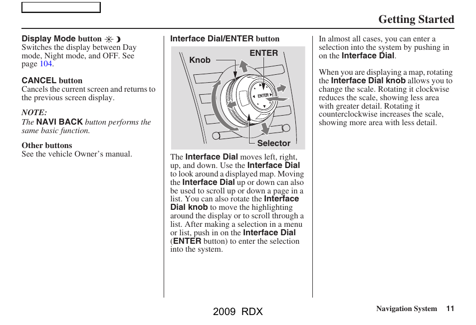 Getting started, 2009 rdx | Acura 2009 RDX Navigation User Manual | Page 11 / 163