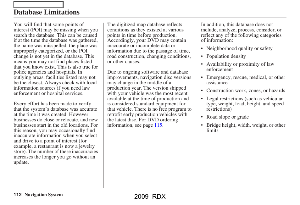 Database limitations, 2009 rdx | Acura 2009 RDX Navigation User Manual | Page 112 / 163