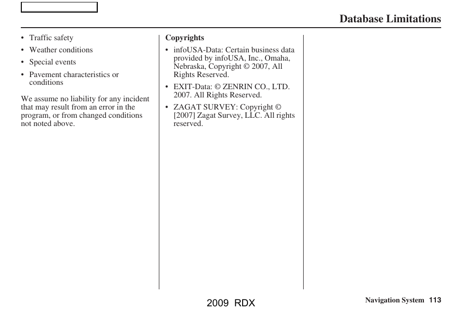 Database limitations, 2009 rdx | Acura 2009 RDX Navigation User Manual | Page 113 / 163