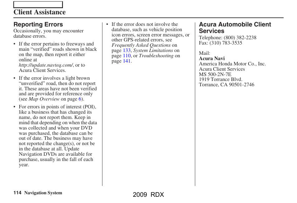 Client assistance, 2009 rdx | Acura 2009 RDX Navigation User Manual | Page 114 / 163