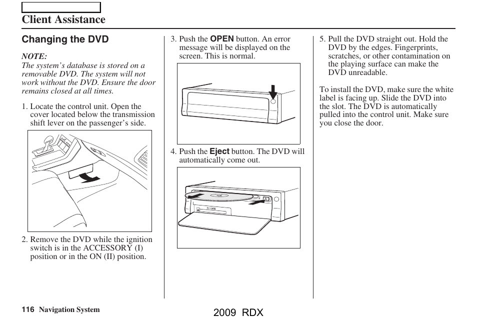 Client assistance, 2009 rdx | Acura 2009 RDX Navigation User Manual | Page 116 / 163