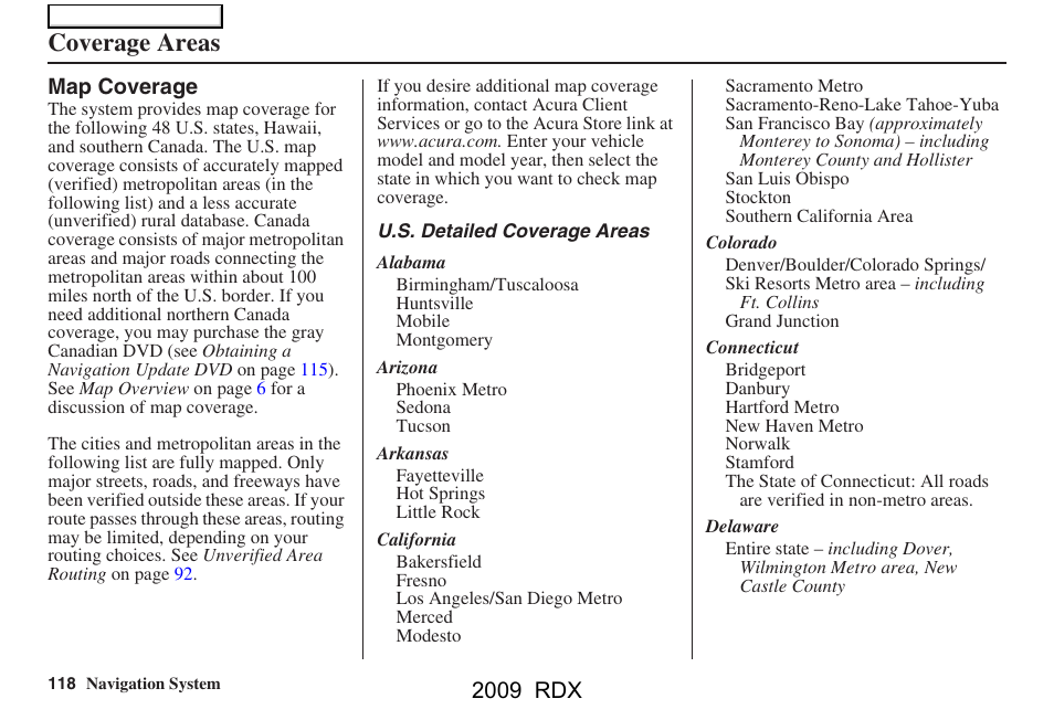 Coverage areas, 2009 rdx | Acura 2009 RDX Navigation User Manual | Page 118 / 163