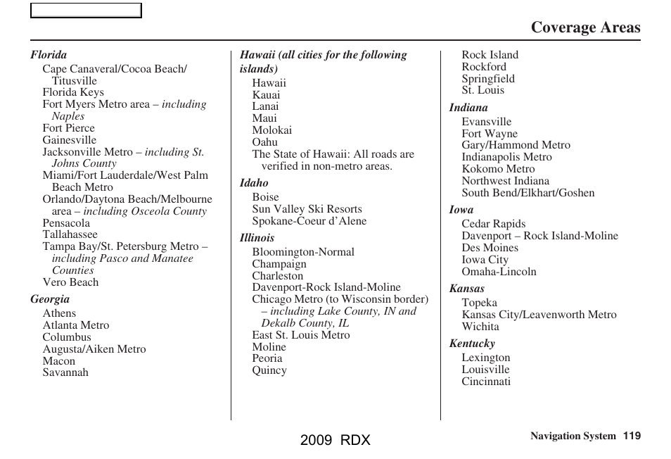 Coverage areas, 2009 rdx | Acura 2009 RDX Navigation User Manual | Page 119 / 163