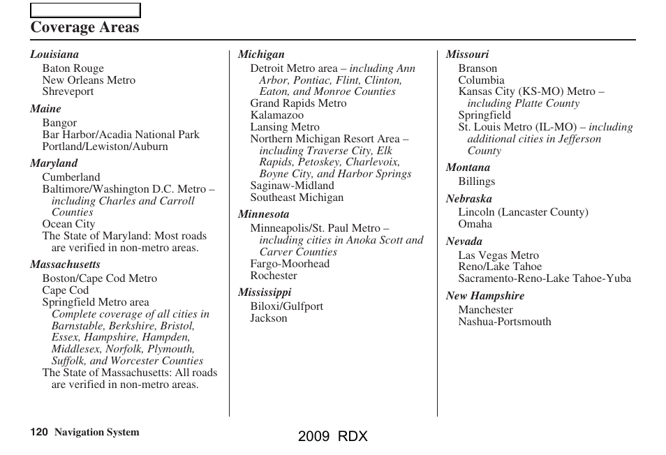 Coverage areas, 2009 rdx | Acura 2009 RDX Navigation User Manual | Page 120 / 163