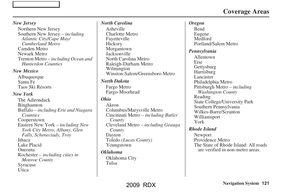 Coverage areas, 2009 rdx | Acura 2009 RDX Navigation User Manual | Page 121 / 163