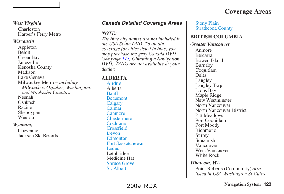 Coverage areas, 2009 rdx | Acura 2009 RDX Navigation User Manual | Page 123 / 163