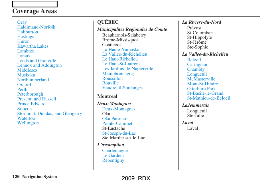 Coverage areas, 2009 rdx | Acura 2009 RDX Navigation User Manual | Page 126 / 163