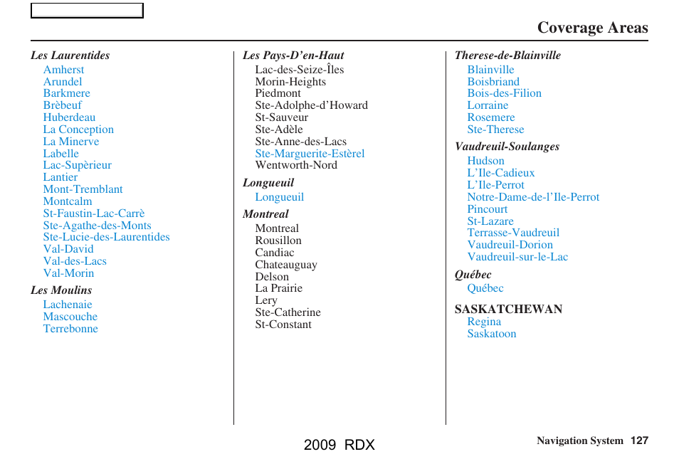 Coverage areas, 2009 rdx | Acura 2009 RDX Navigation User Manual | Page 127 / 163