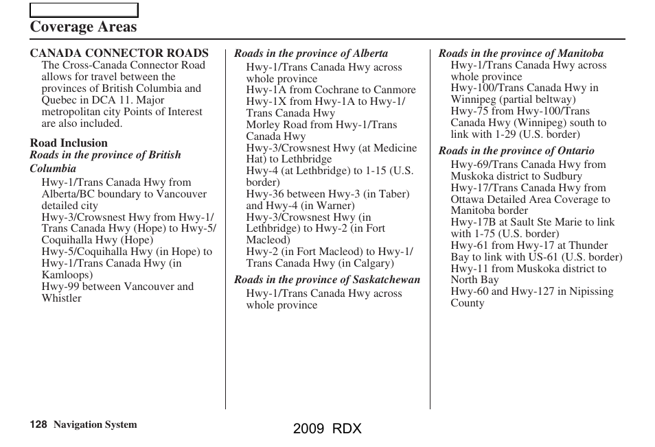 Coverage areas, 2009 rdx | Acura 2009 RDX Navigation User Manual | Page 128 / 163