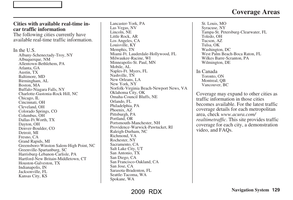 Coverage areas, 2009 rdx | Acura 2009 RDX Navigation User Manual | Page 129 / 163