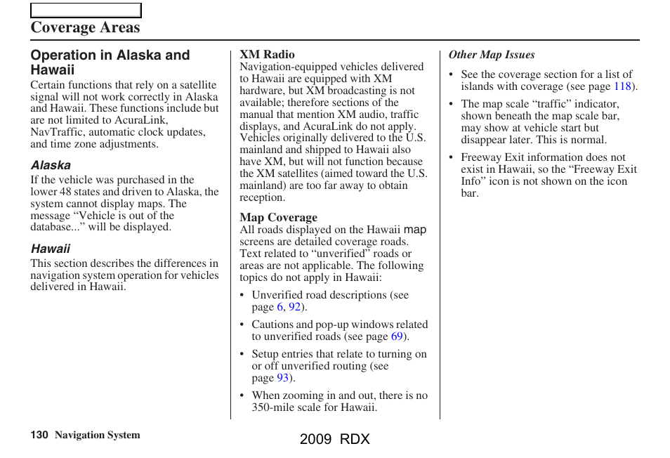 Coverage areas, 2009 rdx | Acura 2009 RDX Navigation User Manual | Page 130 / 163