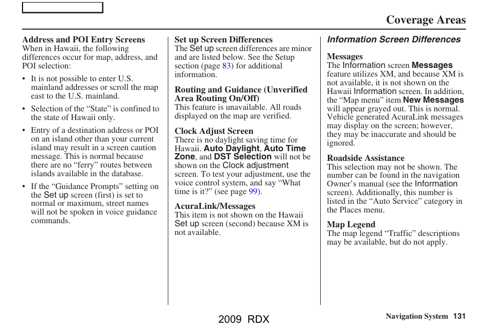 Coverage areas, 2009 rdx | Acura 2009 RDX Navigation User Manual | Page 131 / 163