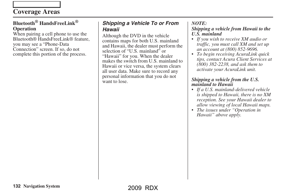 Coverage areas, 2009 rdx | Acura 2009 RDX Navigation User Manual | Page 132 / 163