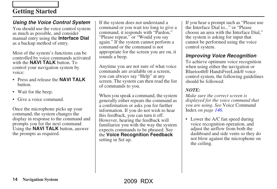 Getting started, 2009 rdx | Acura 2009 RDX Navigation User Manual | Page 14 / 163