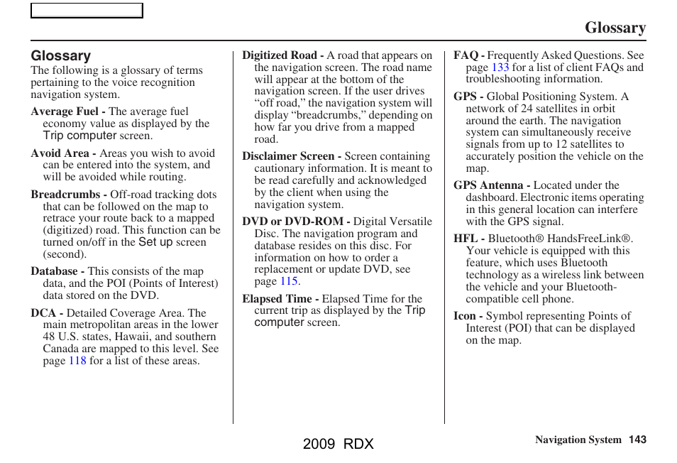 Glossary, 2009 rdx | Acura 2009 RDX Navigation User Manual | Page 143 / 163