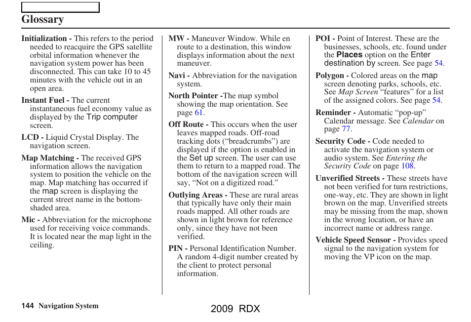 Glossary, 2009 rdx | Acura 2009 RDX Navigation User Manual | Page 144 / 163