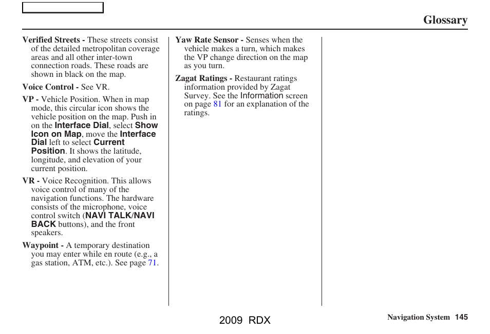 Glossary, 2009 rdx | Acura 2009 RDX Navigation User Manual | Page 145 / 163