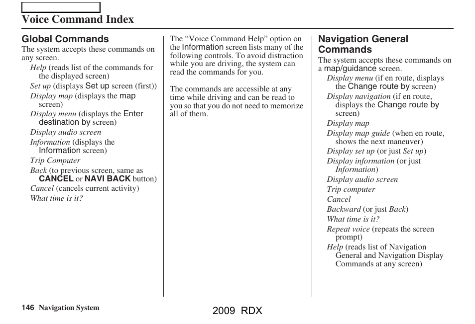 Voice command index, 2009 rdx | Acura 2009 RDX Navigation User Manual | Page 146 / 163