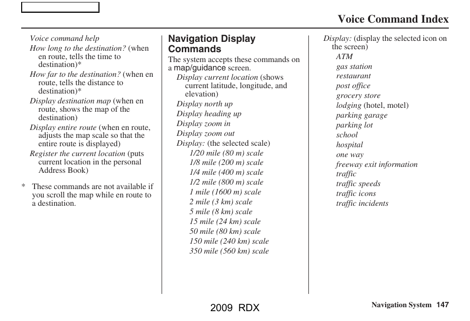 Voice command index, 2009 rdx | Acura 2009 RDX Navigation User Manual | Page 147 / 163