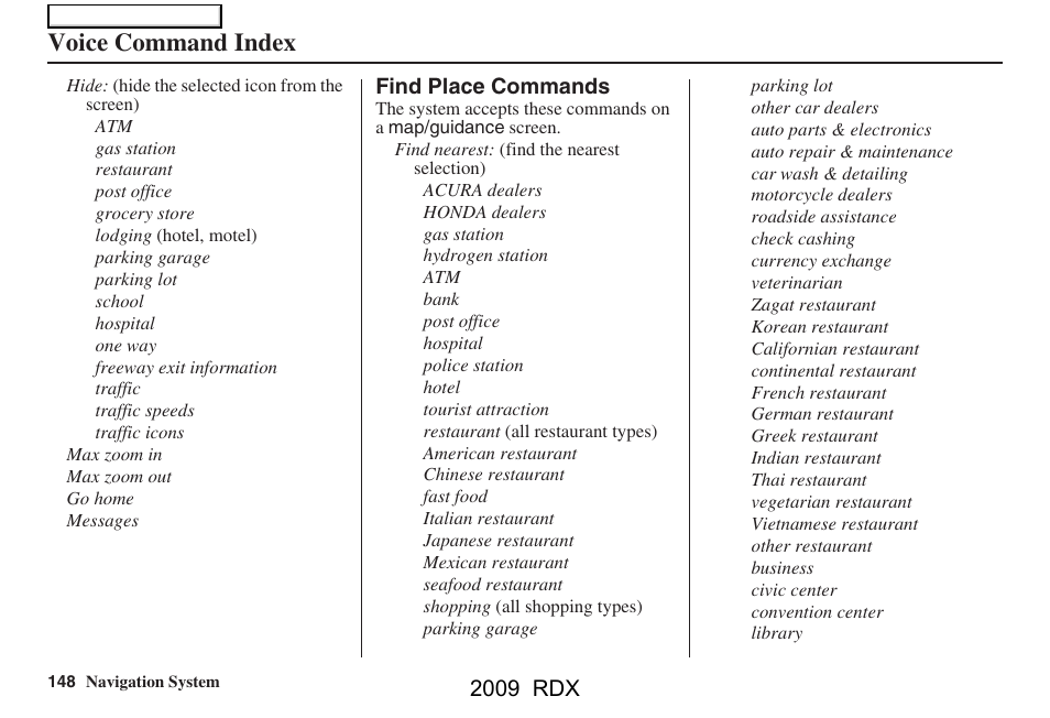 Voice command index | Acura 2009 RDX Navigation User Manual | Page 148 / 163