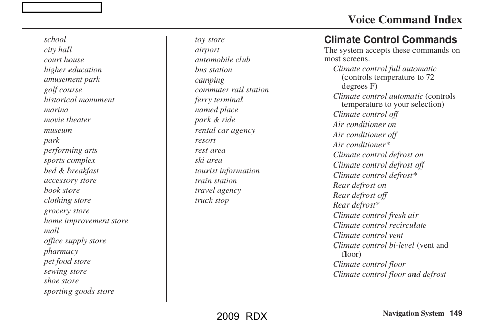 Voice command index, 2009 rdx | Acura 2009 RDX Navigation User Manual | Page 149 / 163