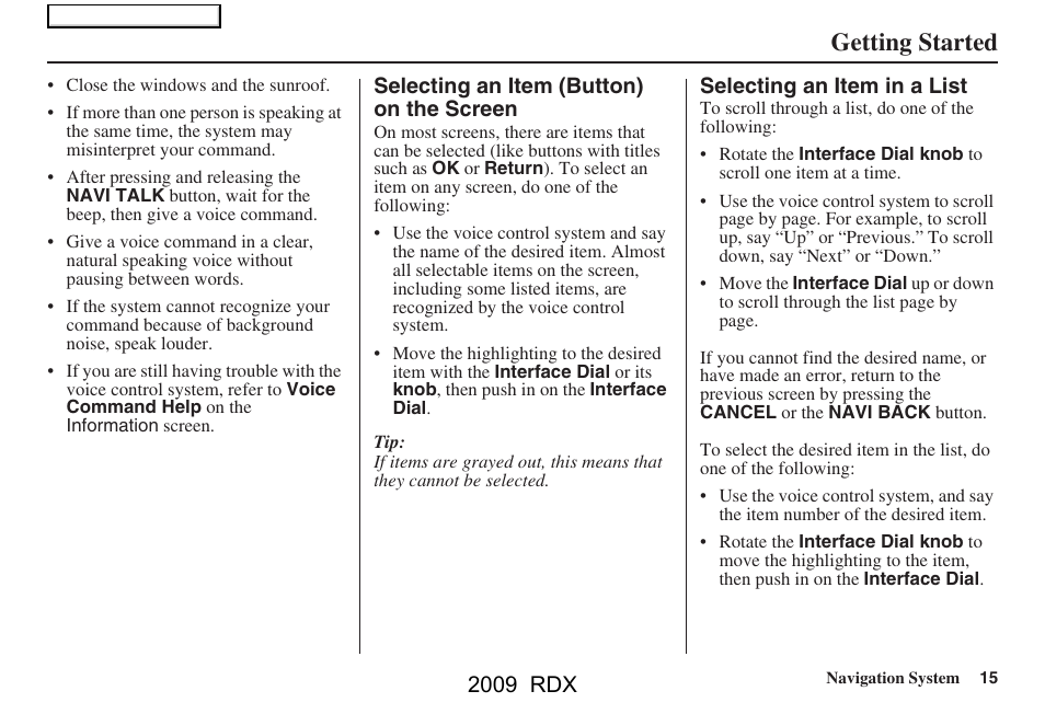 Getting started, 2009 rdx | Acura 2009 RDX Navigation User Manual | Page 15 / 163