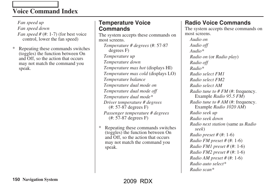 Voice command index, 2009 rdx | Acura 2009 RDX Navigation User Manual | Page 150 / 163