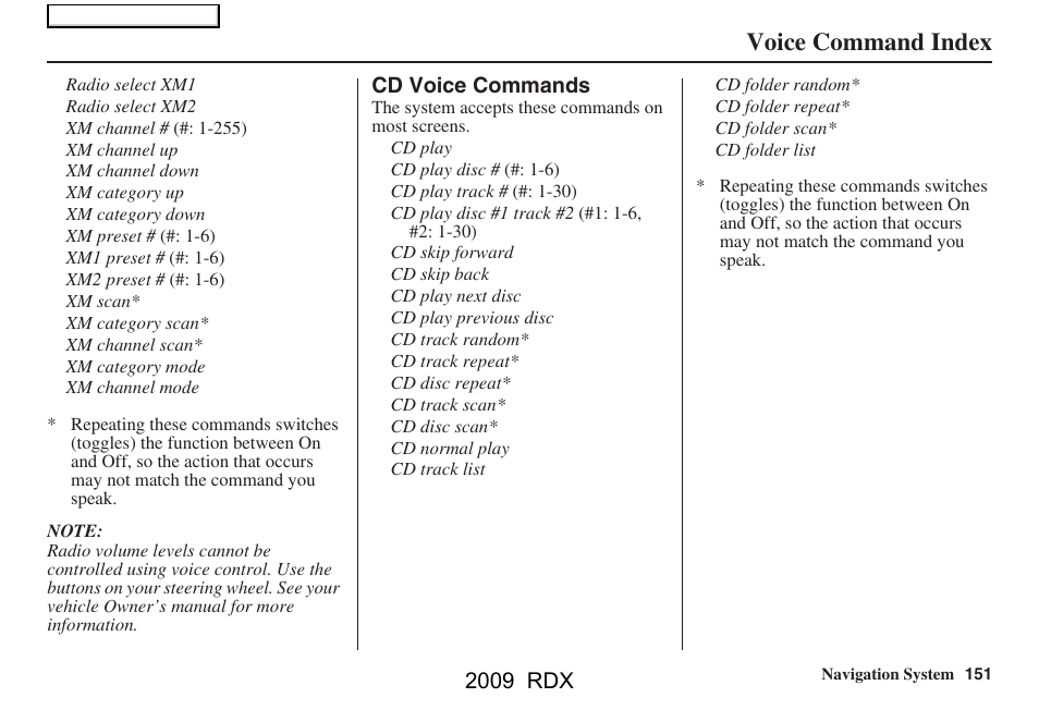 Voice command index, 2009 rdx | Acura 2009 RDX Navigation User Manual | Page 151 / 163