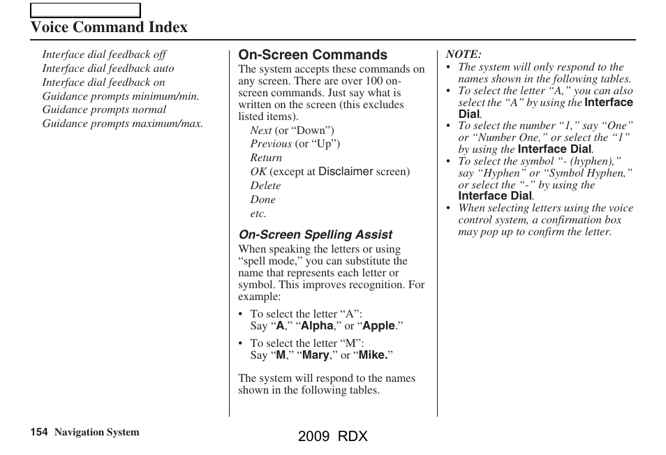 Voice command index, 2009 rdx | Acura 2009 RDX Navigation User Manual | Page 154 / 163