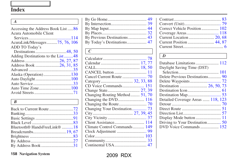 Index | Acura 2009 RDX Navigation User Manual | Page 158 / 163