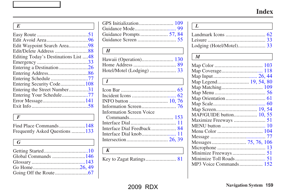 Index | Acura 2009 RDX Navigation User Manual | Page 159 / 163