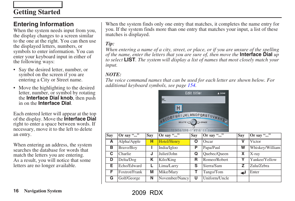 Getting started, 2009 rdx, Entering information | Acura 2009 RDX Navigation User Manual | Page 16 / 163