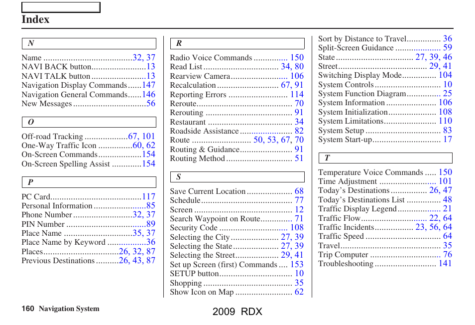 Index | Acura 2009 RDX Navigation User Manual | Page 160 / 163