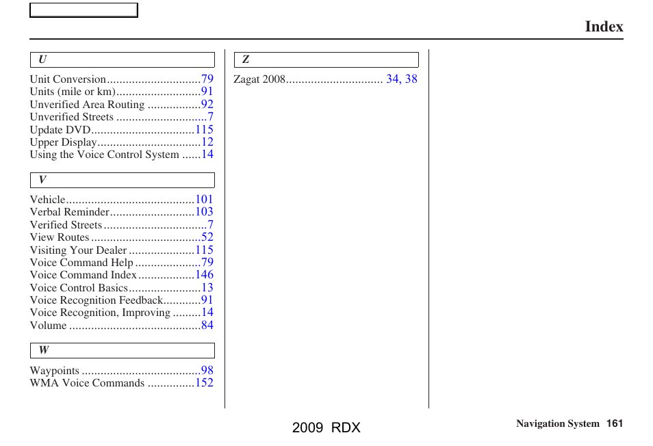 Index | Acura 2009 RDX Navigation User Manual | Page 161 / 163