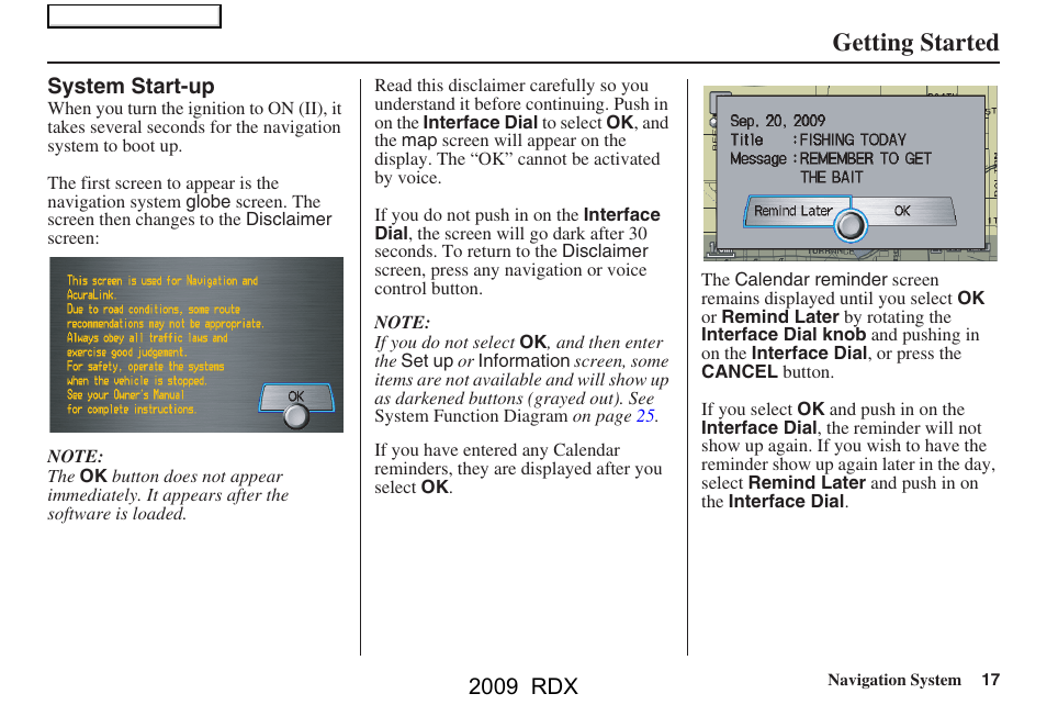 Getting started, 2009 rdx | Acura 2009 RDX Navigation User Manual | Page 17 / 163