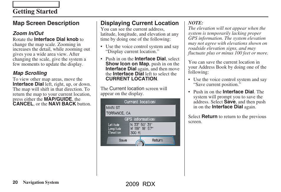 Getting started, 2009 rdx | Acura 2009 RDX Navigation User Manual | Page 20 / 163