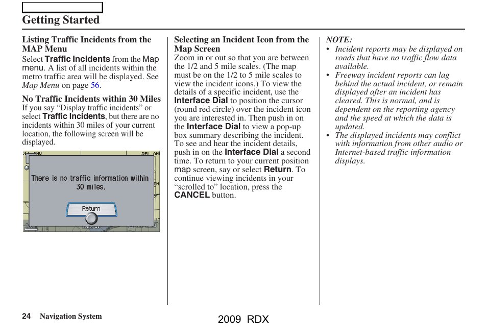 Getting started, 2009 rdx | Acura 2009 RDX Navigation User Manual | Page 24 / 163