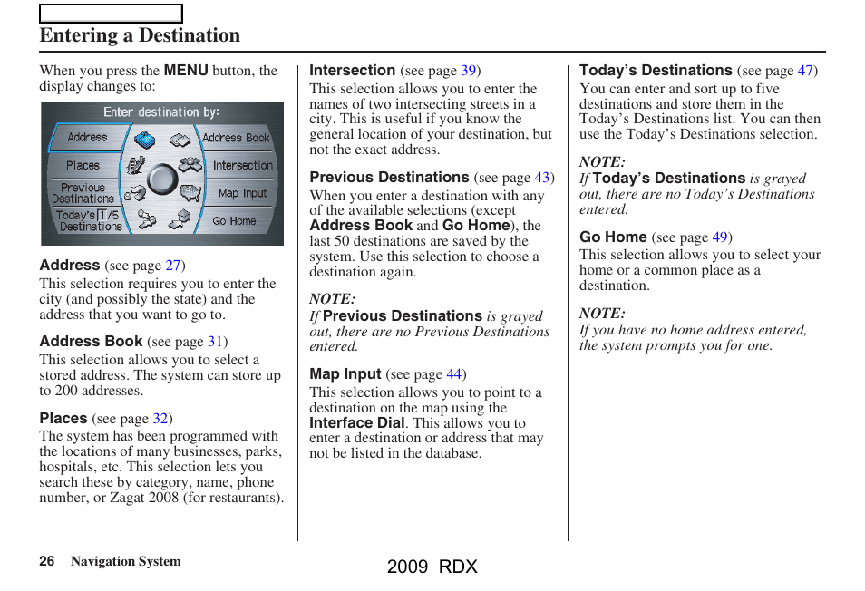 Entering a destination, 2009 rdx | Acura 2009 RDX Navigation User Manual | Page 26 / 163