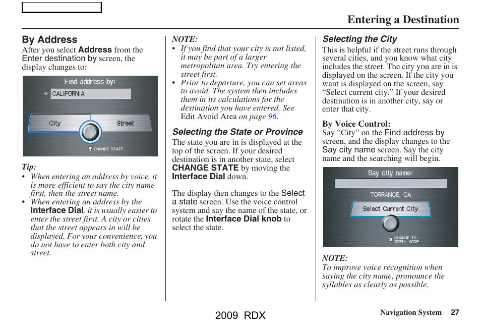 Entering a destination, 2009 rdx | Acura 2009 RDX Navigation User Manual | Page 27 / 163