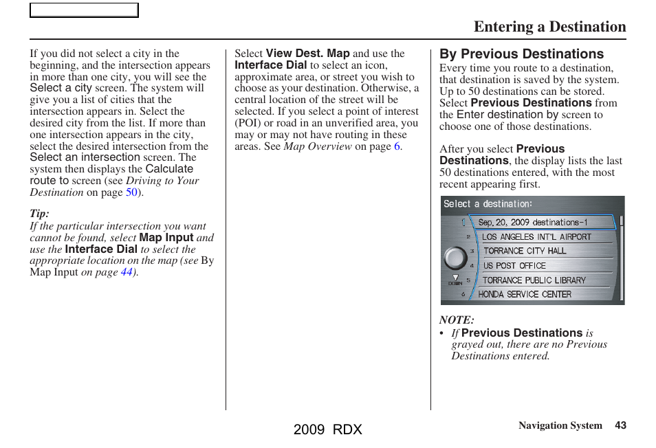 Entering a destination, 2009 rdx | Acura 2009 RDX Navigation User Manual | Page 43 / 163