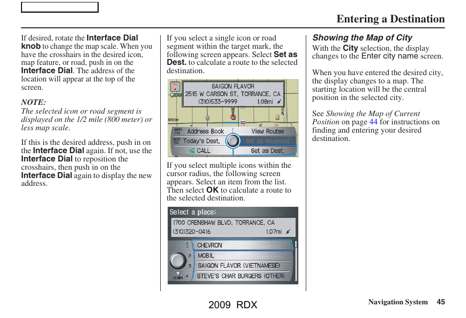 Entering a destination, 2009 rdx | Acura 2009 RDX Navigation User Manual | Page 45 / 163